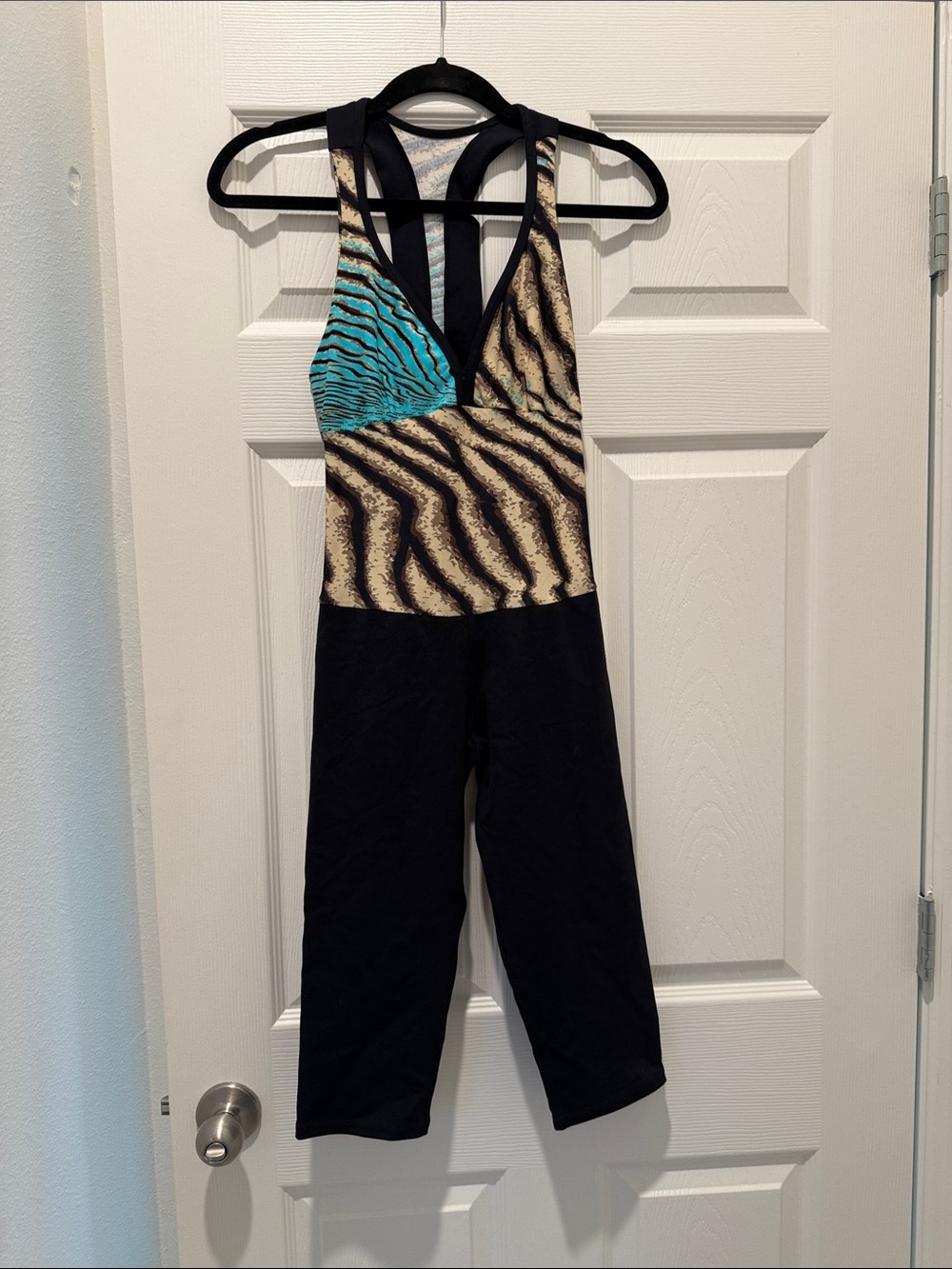 Women's Black and Teal Animal-Print Jumpsuit size medium